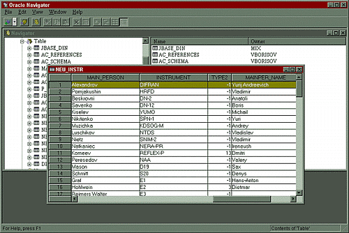 Screen capture of Oracle Navigator